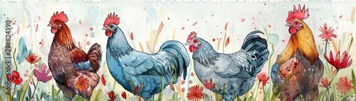 Backyard chickens cluck softly amidst vibrant, kawaii water color