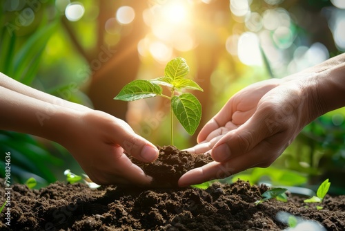 A photo of a hand holding a plant in the dirt with a blurred background.