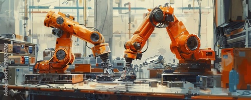 Orange robotic arms in a factory