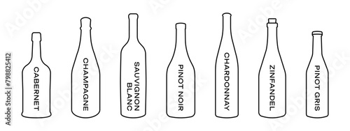 Wine bar menu illustration. Wine types collection. Alcohol bottles icon set. Champagne bottle symbol. Sauvignon, chardonnay, cabernet and zinfandel design outline isolated.