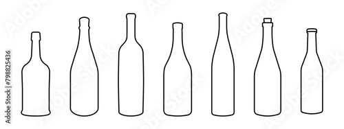 Wine bottle types vector illustrations set. Alcohol glasses abstract silhouette collection. Glass bottle types isolated. Minimal color flat line outline stroke icon set.