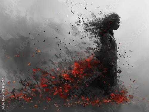 A girl in a black dress is disintegrating into red particles.
