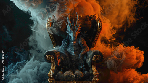 A dragon siting on his chair. A gold throne chair with a dragon on it close up view and realistic. 