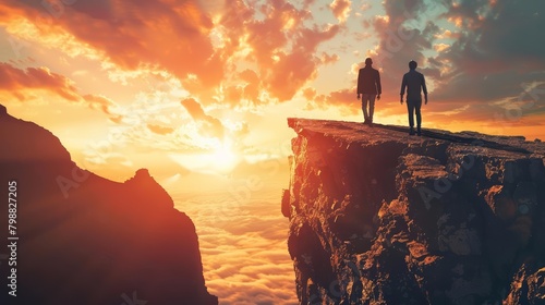 Two men standing on a cliff watching the sunset.