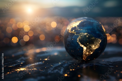 A detailed globe with continents outlined by shimmering city lights against a backdrop of a sunset sky and bokeh light effects, global civilization and the interconnectedness of modern society