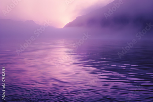 Lago al alba con tonos de luz púrpura. 