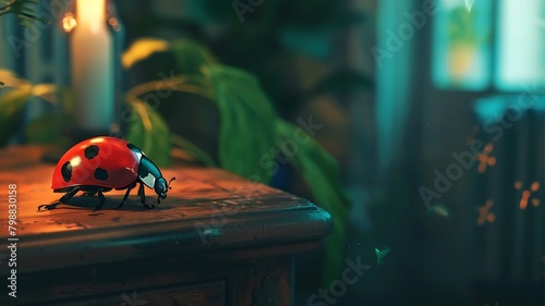 night living room with red ladybug adorned with delicate black spots leisurely crawling on a lush wooden sideboard, macro photography