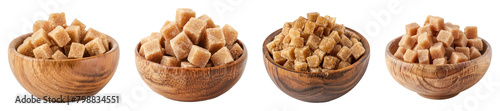 Brown sugar cubes in wooden bowl, PNG set