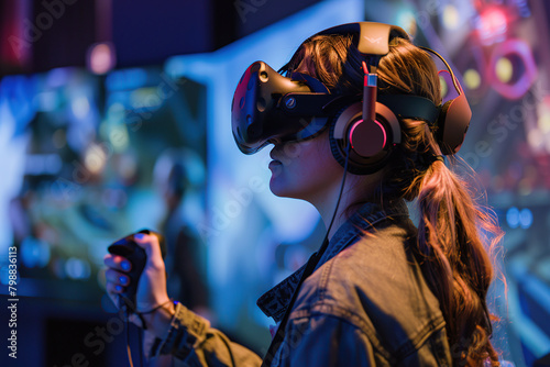 horizontal image of a female gamer while playing a videogame using a virtual reality visor