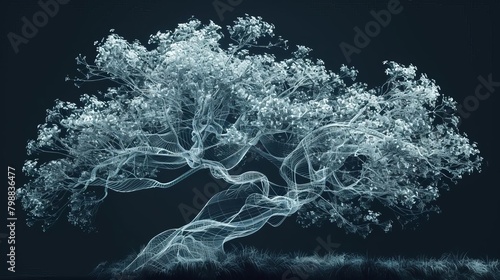 An abstract digital painting of a tree made of glowing blue lines on a dark blue background.