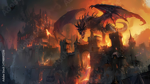 Fiery Dragon Assault on a Dark Fantasy Castle at Dusk