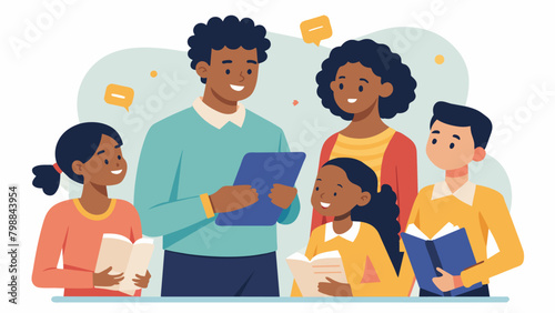 A mentor guides a group of young students through the Juneteenth Scholarship application process offering support and advice along the way.. Vector illustration