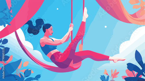 Flexible woman equilibrist hanging on swing holding
