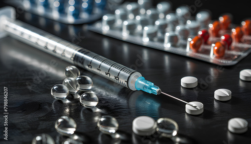 Different drugs and syringe on dark background, closeup