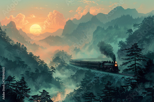 A grainy gradient illustration of a steam locomotive chugging through a misty mountain valley.
