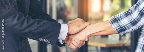 Banner Trust honesty business customer handshake together promise partner. Panorama Businessman teamwork diversity solidarity team Partner hands together. Team meeting shaking hands with copy space