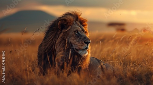 A majestic lion's portrait as it gazes into the distance, with the sprawling savanna and silhouetted mountains bathed in the golden hues.