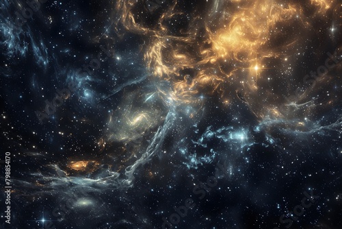 A stunning view of interstellar space with swirling golden nebulae and brilliant blue star clusters, capturing the complex and wondrous beauty of the cosmos