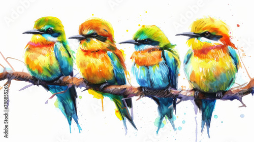 Three Colorful Birds Perched on Branch