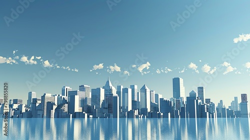 A cityscape with a blue sky and white clouds. The buildings are mostly made of glass and steel, and they reflect the sunlight.
