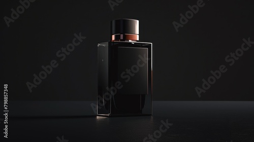 men's perfume bottle with a clean and austere design on a plain, matte black background. Mockup for design