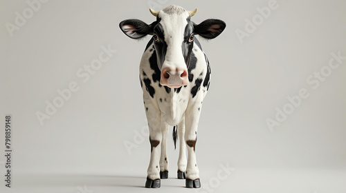 This image shows a realistic 3D rendering of a cow. The cow is black and white, with a pink nose and black eyes.