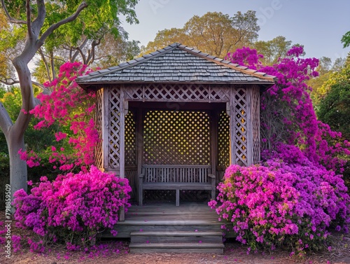 A small gazebo with a bench and a row of pink flowers. The flowers are in full bloom and the gazebo is surrounded by bushes. Scene is peaceful and serene, as the flowers