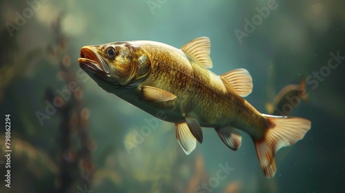 A beautiful freshwater fish with golden scales swims in the water. The fish has a long, slender body and a forked tail.