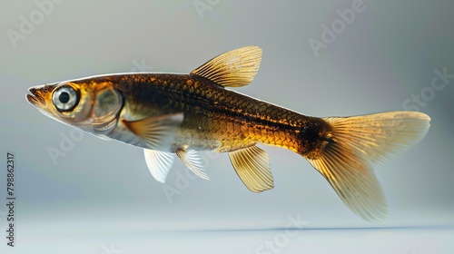 A small, orange fish with a long, flowing tail fin. The fish is swimming in a clear tank with a white background.