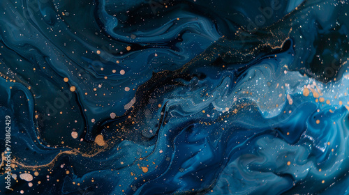 Gloomy navy marble ink meandering across a nocturnal abstract backdrop, shimmering with subtle glitters.