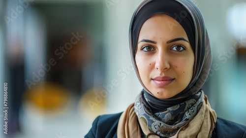 Big close up view of the face of a Muslim woman wearing an Islamic headscarf or hijab. Housewives are also office workers, professional businesswomen.