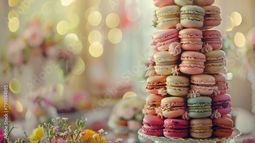 A tower of macarons crowning a whimsically decorated cake masterpiece.