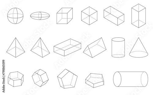 3d Geometric shape lines sphere, ellipsoid, square, rectangle, pyramid, cylinder, pentagon, hexagon and prism