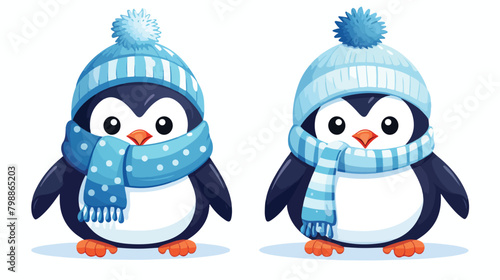 Childish bobble hat and plush scarf. Winter penguin