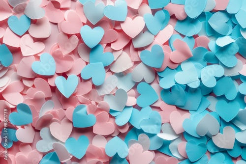 A sea of pastel blue and pink paper hearts creating a romantic texture, perfect for Valentine's Day themes, wedding invitations, or love-inspired crafts with copy space.