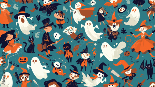 Halloween characters flat vector seamless pattern.