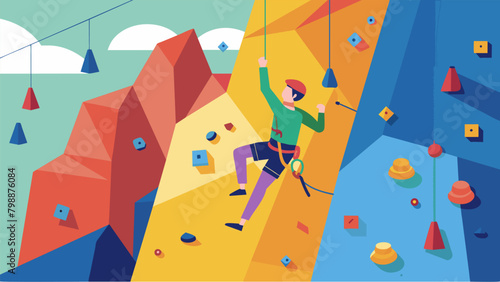 A rock climbing wall with varying levels of difficulty and safety harnesses for individuals on the autism spectrum.. Vector illustration