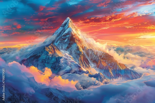 A mountain peak rising above the clouds at sunset.