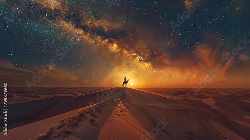 A lone traveler rides a camel through the desert