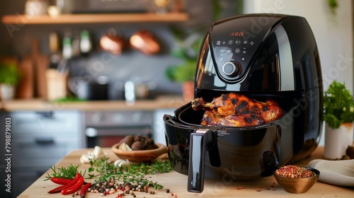 A succulent whole chicken roasting inside the air fryer, surrounded by colorful vegetables, emitting savory aromas.