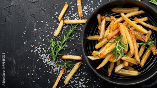 Crispy golden fries cascading out of the air fryer basket onto a plate, garnished with sea salt flakes and fresh rosemary