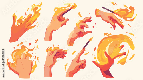 Hands with fire set. Holding burning flame match gl