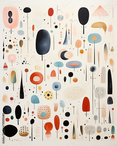 Organic shapes, playful textures, endless print, flat graphic, white canvas , childlike drawing