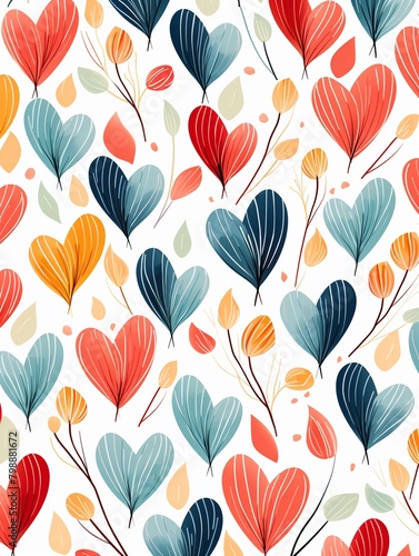 Scribble hearts, leafy strokes, nonstop pattern, flat color, white base , seamless pattern