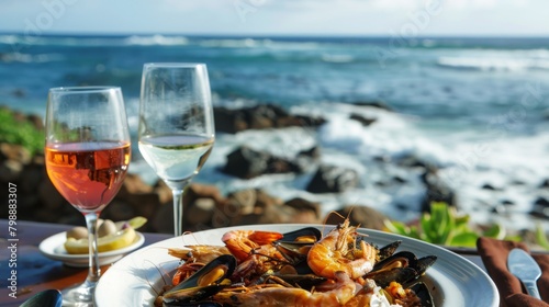 A beachside restaurant serving a seafood platter featuring grilled mussels, prawns, and calamari, against a scenic ocean backdrop.