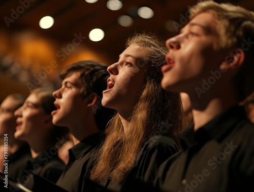 A group of people are singing in a choir, with one girl in the middle of the group