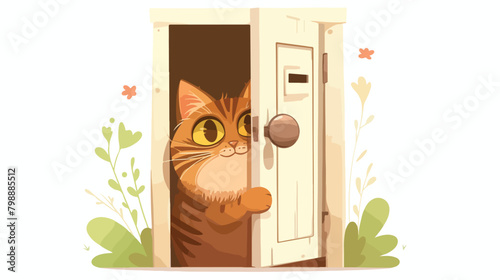 Happy cute cat going out from separate small pet fl