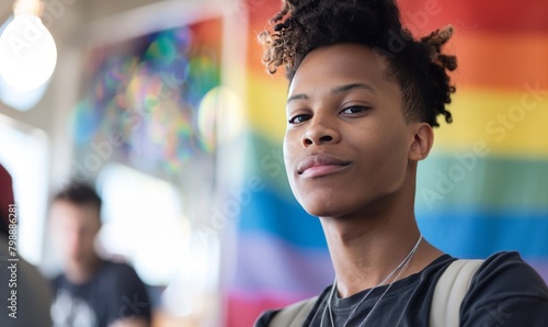 A portrait of a teenage boy at an LGBT-themed gathering, Afro-American