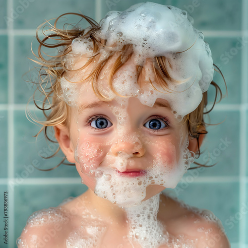 cute boy covered in soap suds