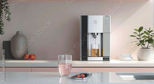 A modern water dispenser featuring a smartphone as its display interface, in a minimalist white background setting. Generative AI.